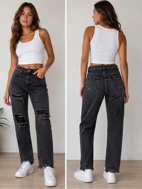 Free People Black Washed Distressed Straight Leg Jeans